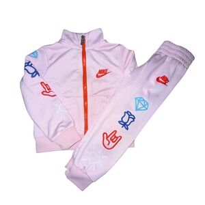Nike Tracksuit Kids 2T Pink Graphic Zip Jacket Joggers Set Sporty Streetwear